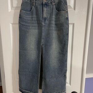 Blue Midi Skirt with Vintage Wash Front Slit